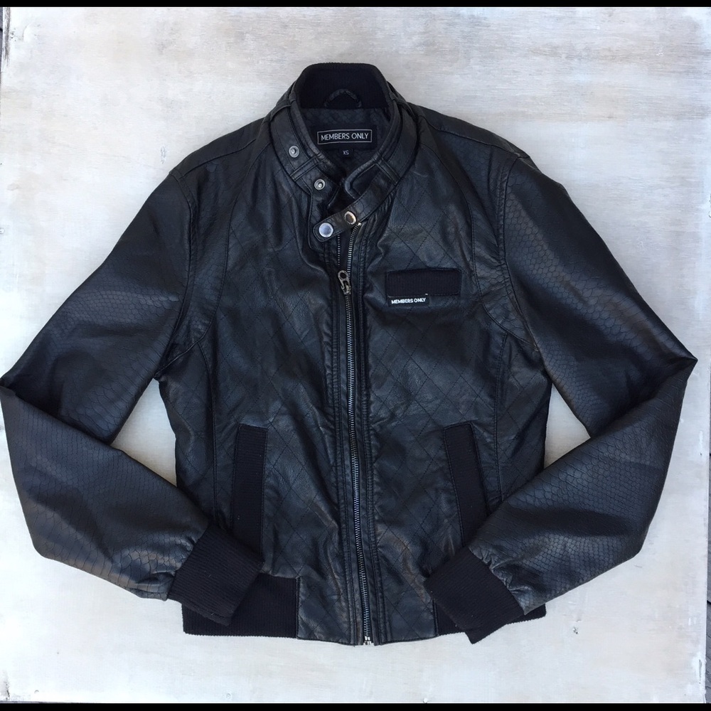 Members Only Black Quilted Faux Leather Jacket w/ Faux Snakeskin Sleeves